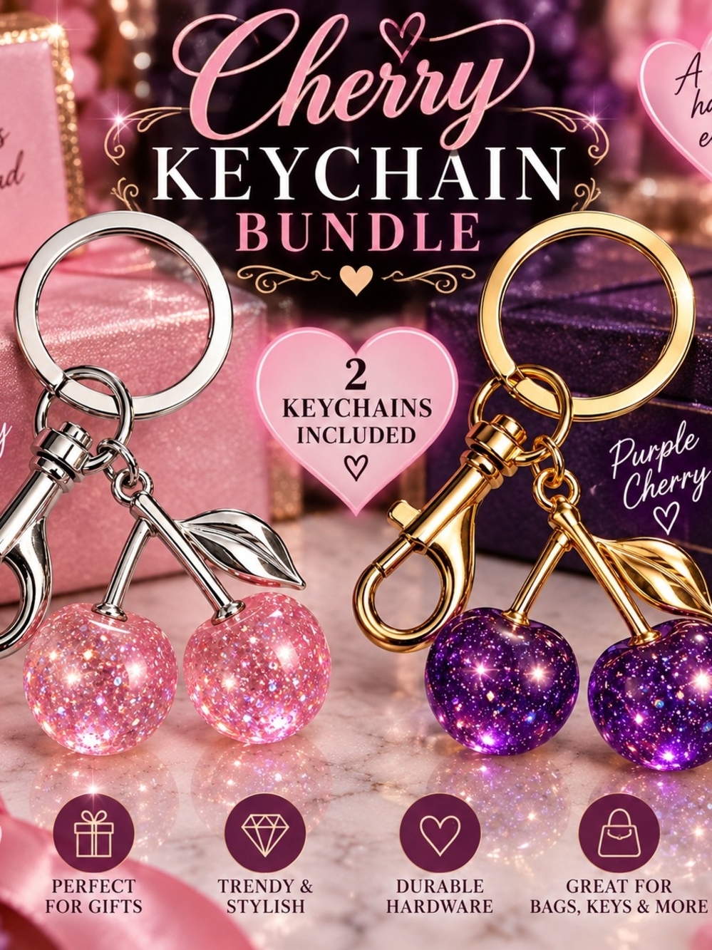Cherry Keychain Bundle — Pink & Purple Glitter (Set of 2)
